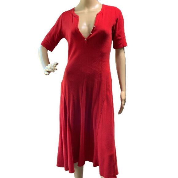 Lauren Ralph Lauren Red Cotton V-Neck Button Academia Midi Flare Dress Small - Picture 1 of 17